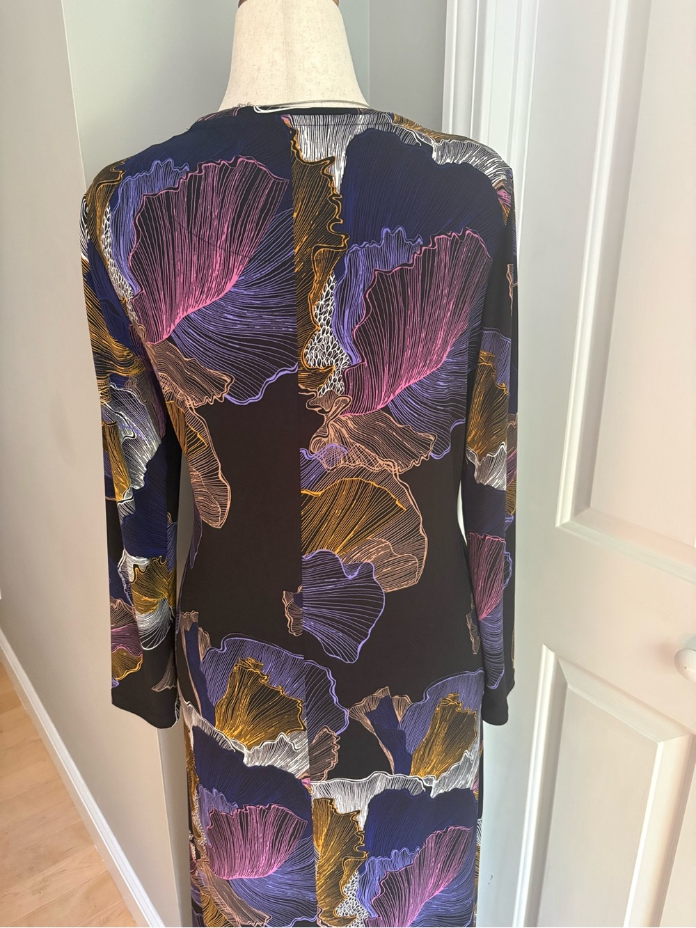 Chico's Black Long Sleeve Floral Maxi Dress with Purple & Gold Accents - Picture 7 of 10